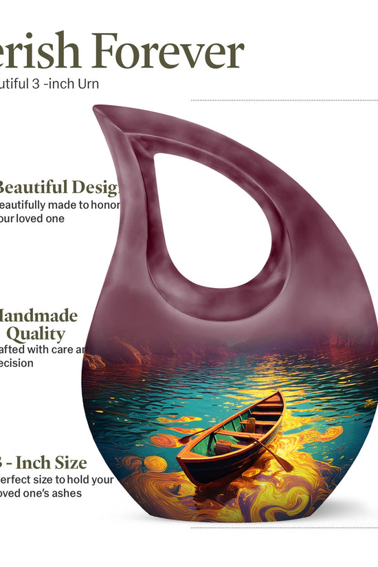 Ocean Teal Boat Cremation Urn back view with polished surface - sacred cross merged with boat motif on metal - mini keepsake memorial for portion of cremation ashes