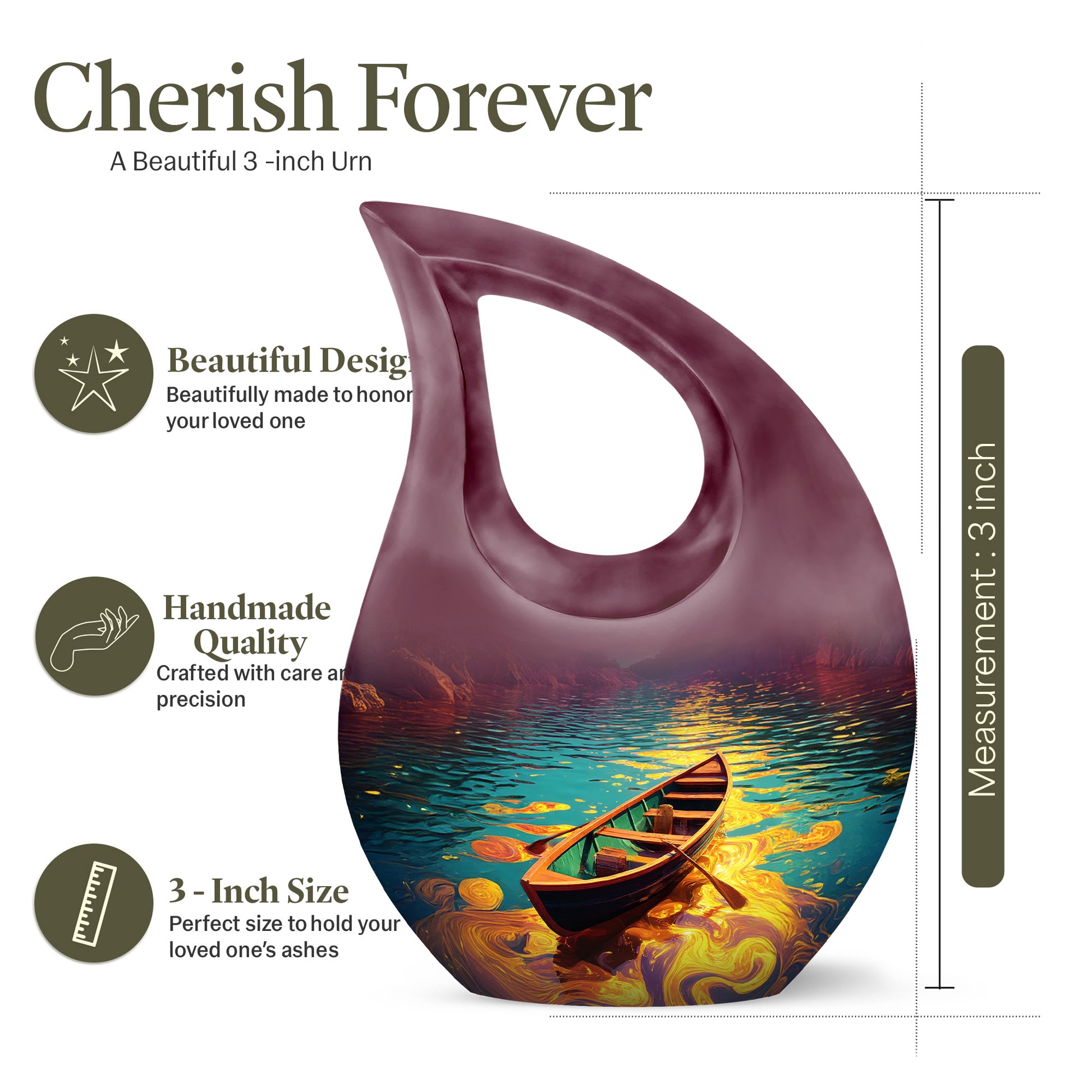 Ocean Teal Boat Cremation Urn back view with polished surface - sacred cross merged with boat motif on metal - mini keepsake memorial for portion of cremation ashes