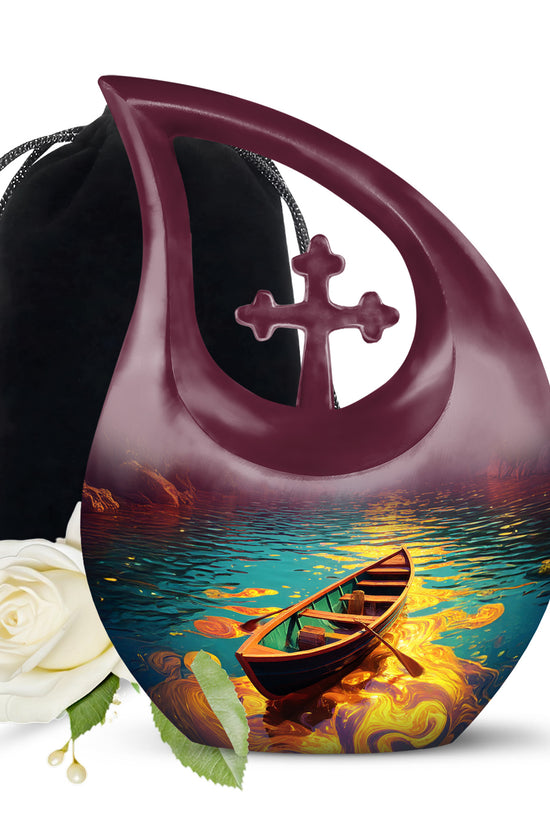 Soft Teal Boat Cremation Urn top-down view of secure threaded lid - sacred cross merged with boat motif on metal - full-size 10 inch 200 cubic inch adult cremation urn