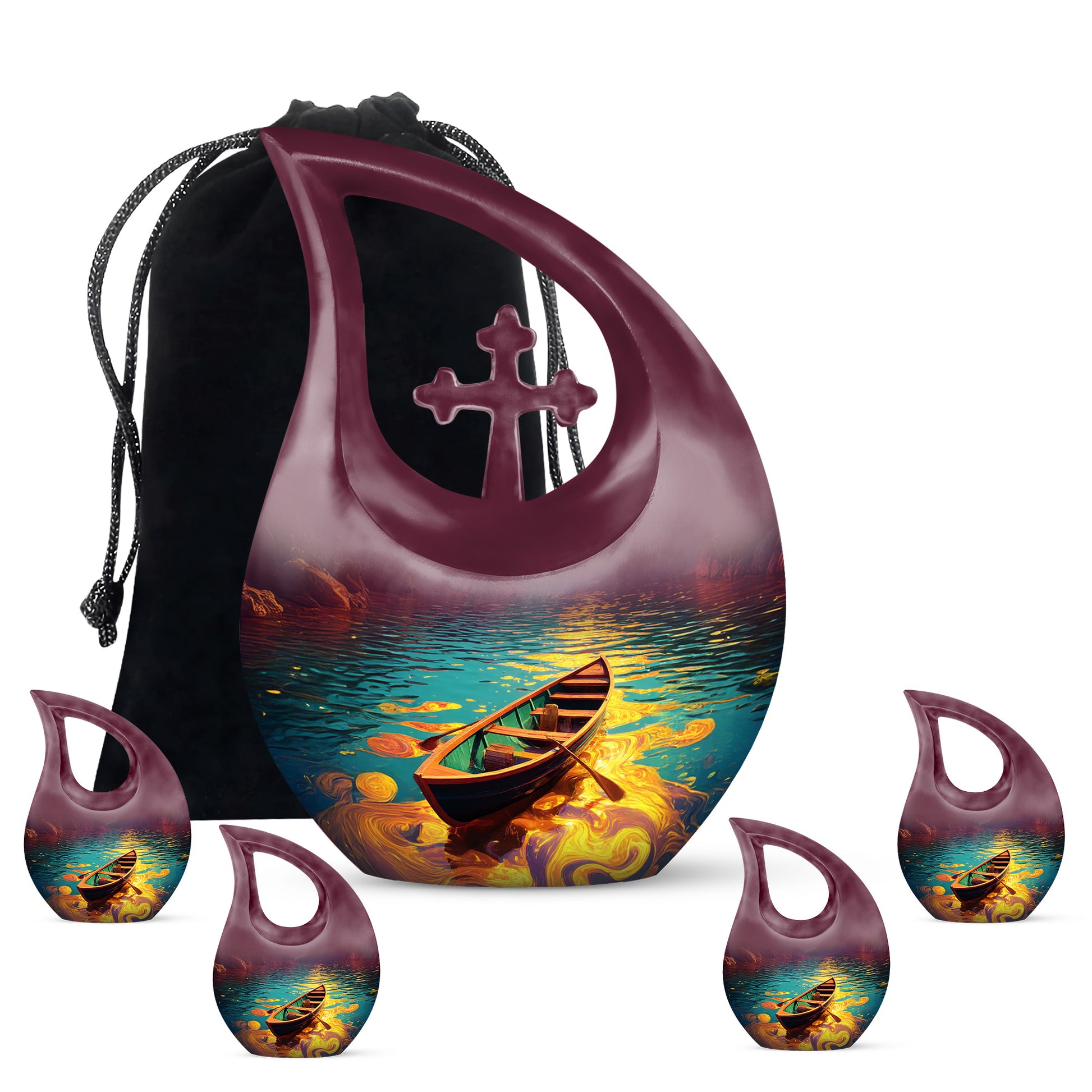 Tropical Teal Boat Cremation Urn urn with complimentary velvet bag - devotional cross-drop boat engraving - memorial set with one large and four small urns