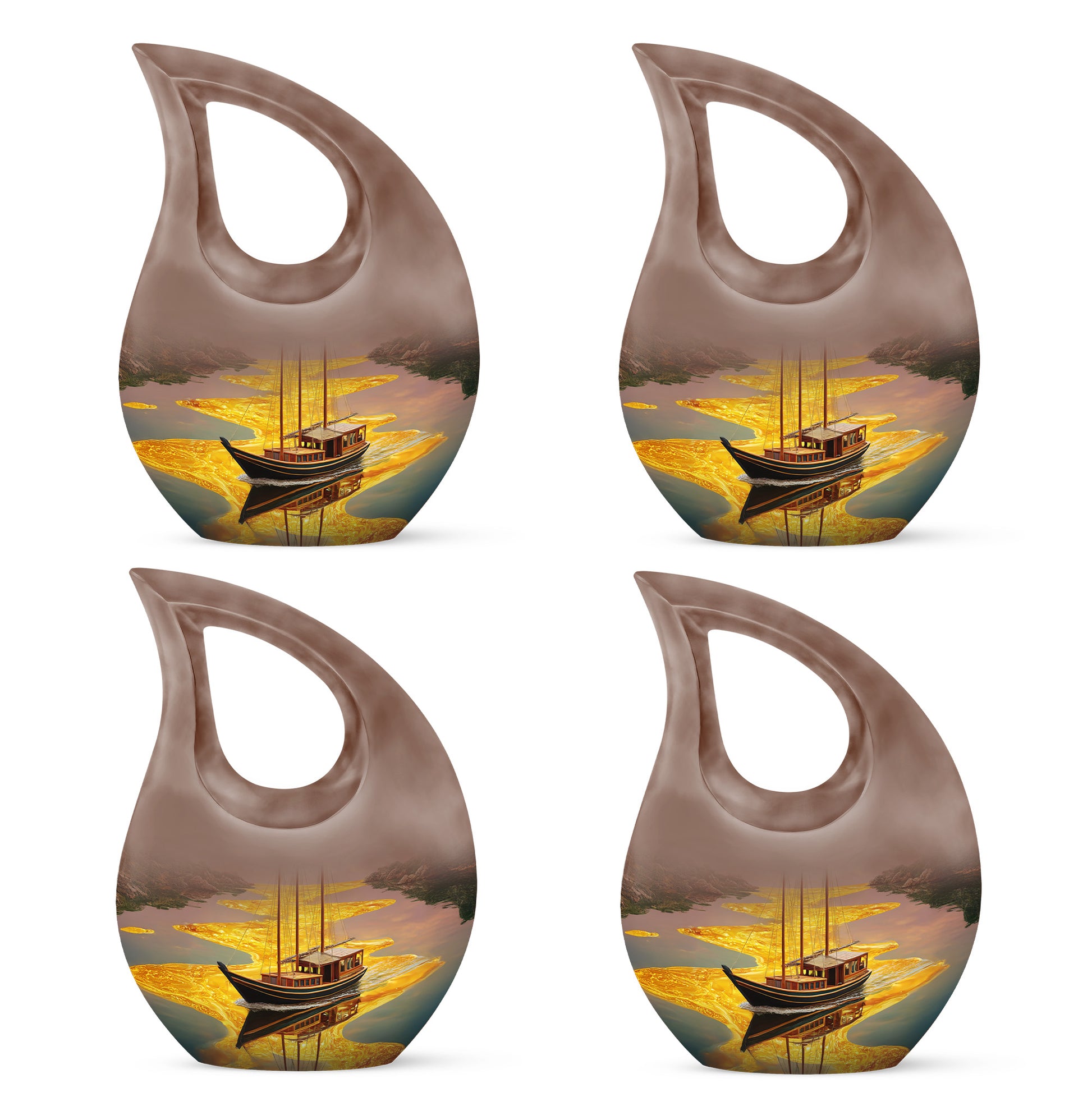 Champagne Gold Boat Cremation Urn lifestyle display on memorial shelf - sacred cross merged with boat motif on metal - 10 inch aluminum urn for cremated remains