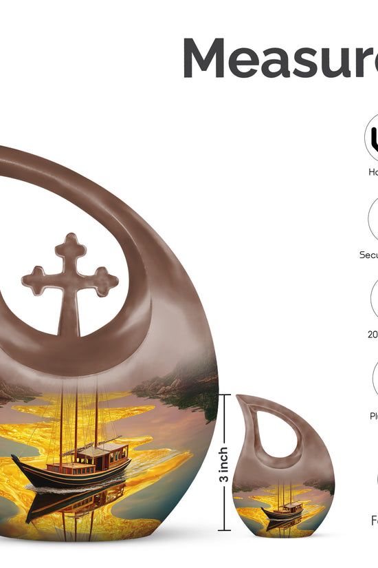 Burnished Gold Boat Cremation Urn back view with polished surface - devotional cross-drop boat engraving - mini keepsake memorial for portion of cremation ashes