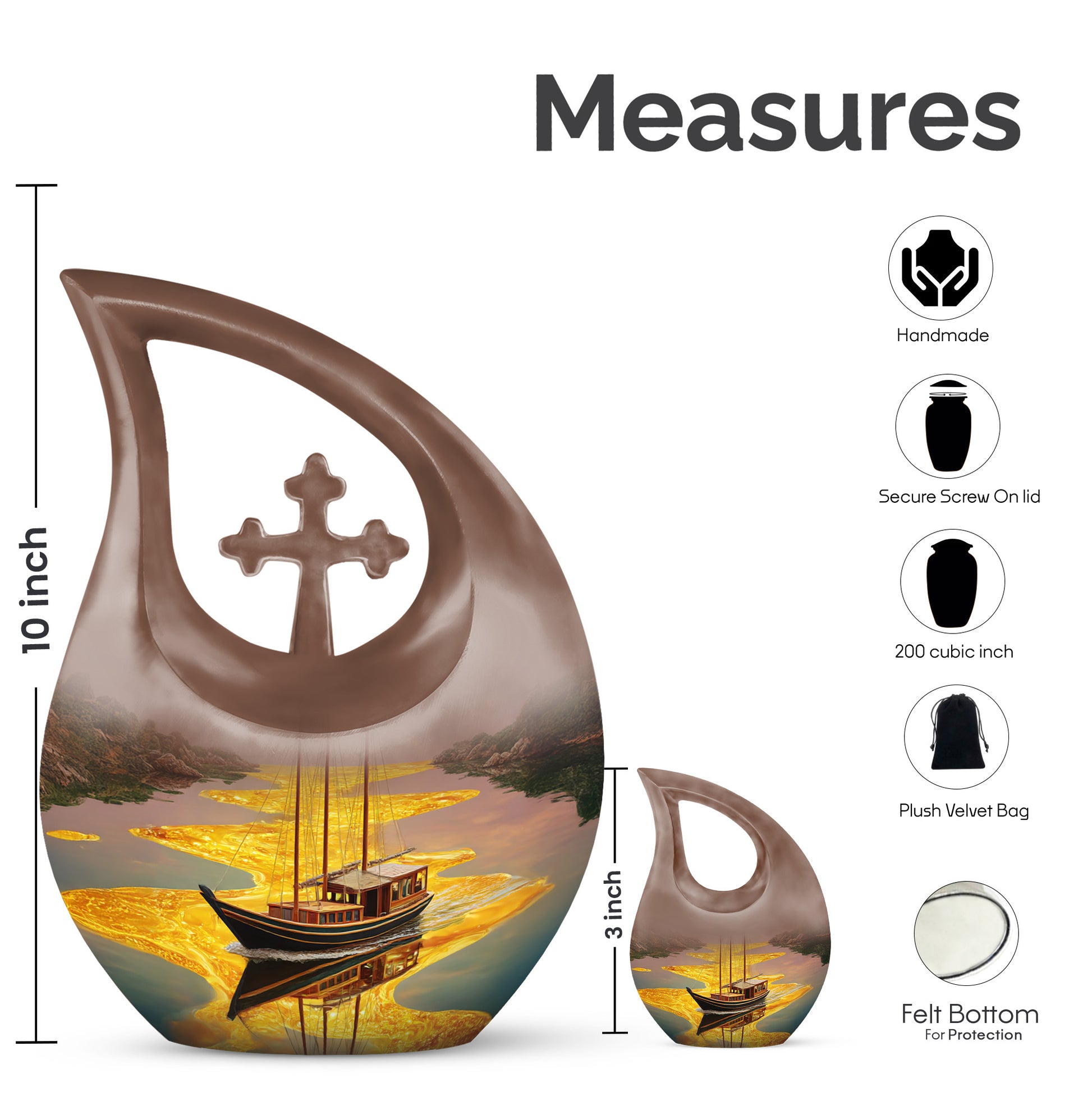 Burnished Gold Boat Cremation Urn back view with polished surface - devotional cross-drop boat engraving - mini keepsake memorial for portion of cremation ashes