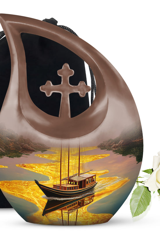 Warm Gold Boat Cremation Urn top-down view of secure threaded lid - devotional cross-drop boat engraving - full-size 10 inch 200 cubic inch adult cremation urn