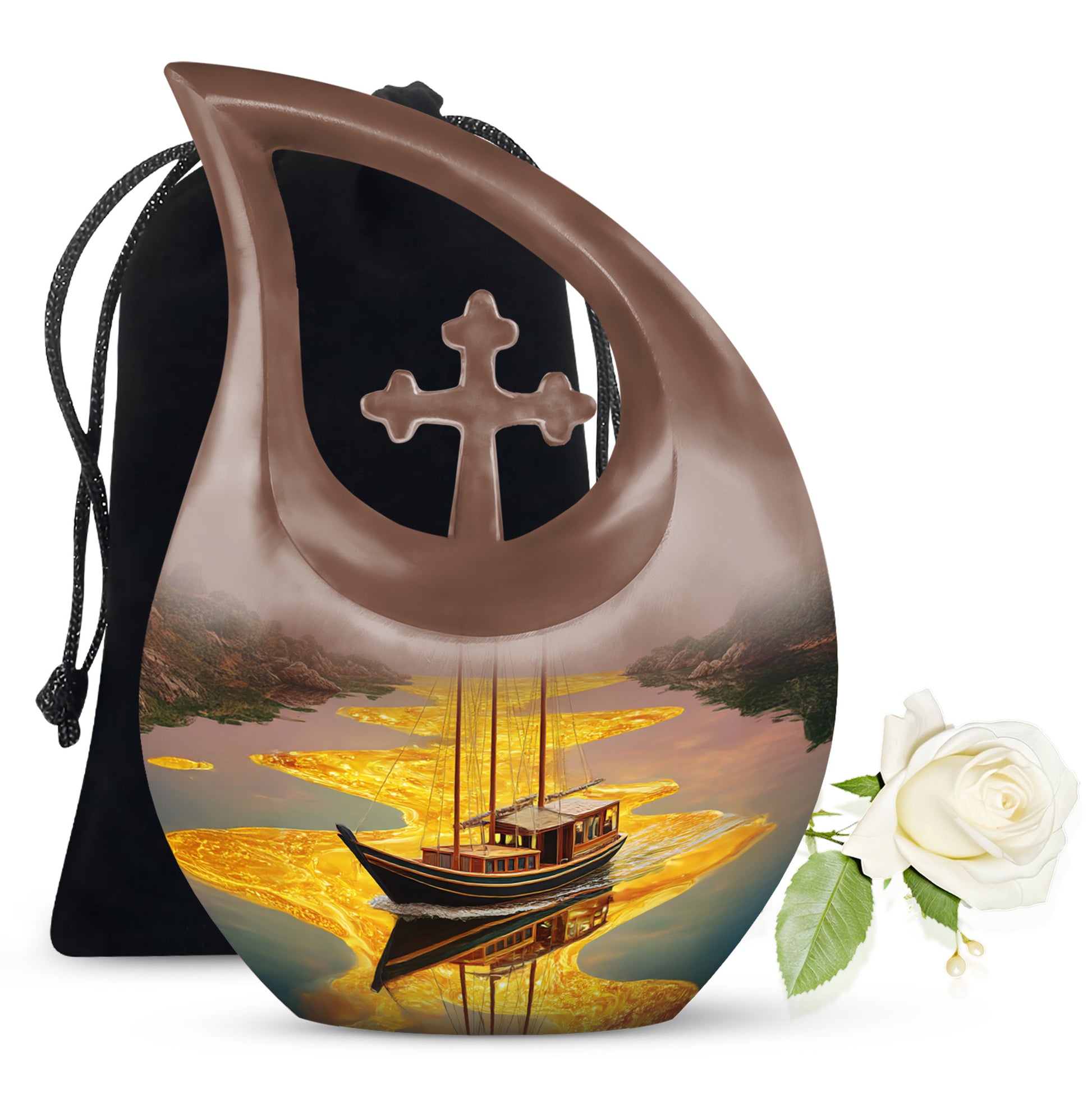 Warm Gold Boat Cremation Urn top-down view of secure threaded lid - devotional cross-drop boat engraving - full-size 10 inch 200 cubic inch adult cremation urn