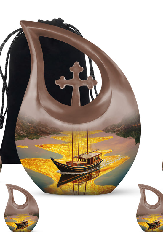 Warm Gold Boat Cremation Urn urn with complimentary velvet bag - faith-inspired cross-drop urn with boat pattern - memorial set with one large and four small urns