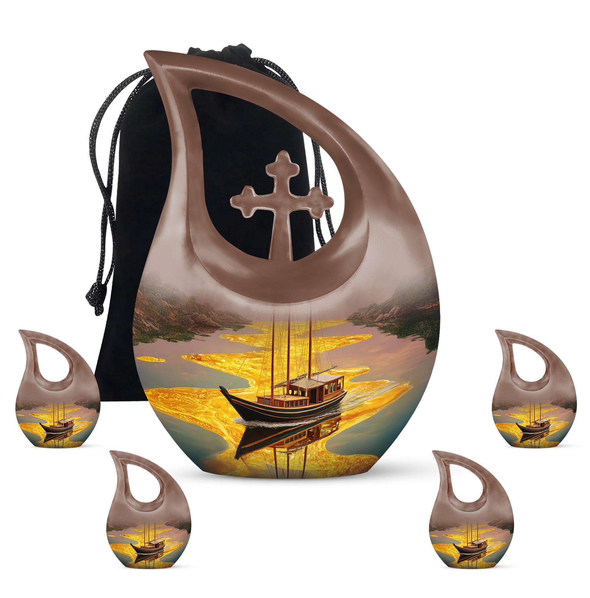Warm Gold Boat Cremation Urn urn with complimentary velvet bag - faith-inspired cross-drop urn with boat pattern - memorial set with one large and four small urns