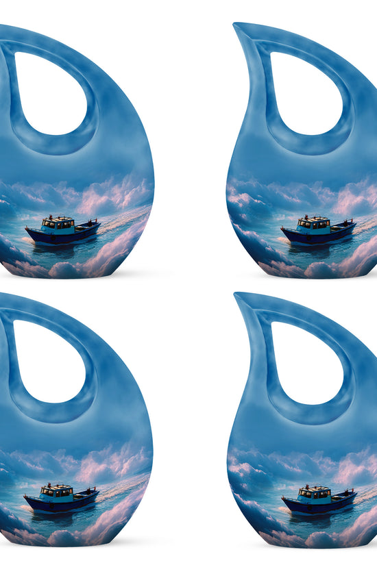 Azure Boat Cremation Urn lifestyle display on memorial shelf - sacred cross merged with boat motif on metal - 10 inch aluminum urn for cremated remains