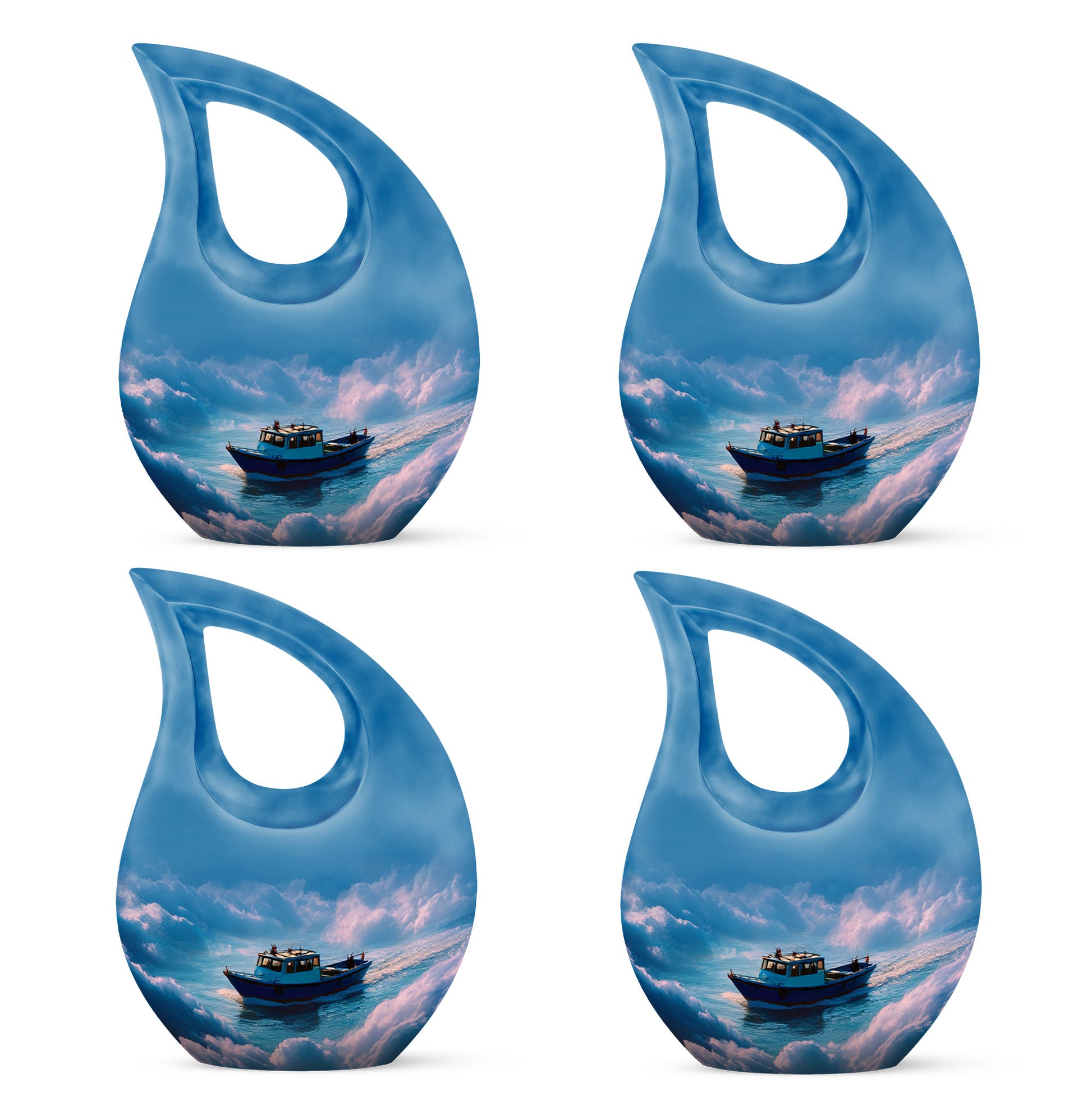 Azure Boat Cremation Urn lifestyle display on memorial shelf - sacred cross merged with boat motif on metal - 10 inch aluminum urn for cremated remains
