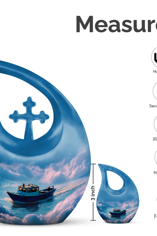 Steel Blue Boat Cremation Urn back view with polished surface - faith-inspired cross-drop urn with boat pattern - mini keepsake memorial for portion of cremation ashes
