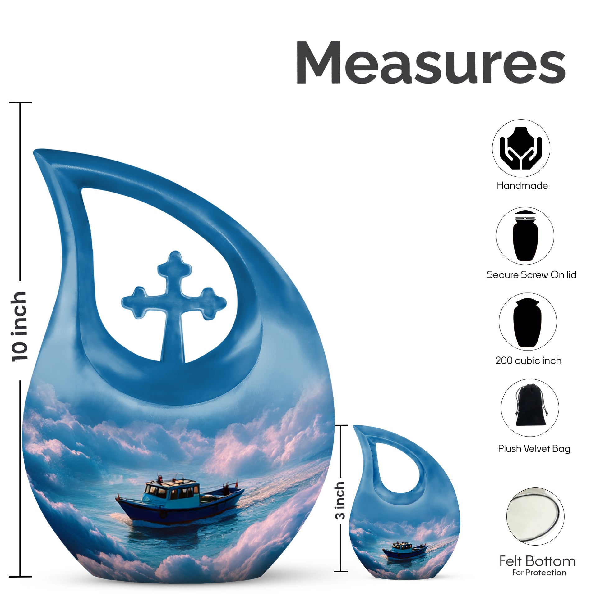 Steel Blue Boat Cremation Urn back view with polished surface - faith-inspired cross-drop urn with boat pattern - mini keepsake memorial for portion of cremation ashes