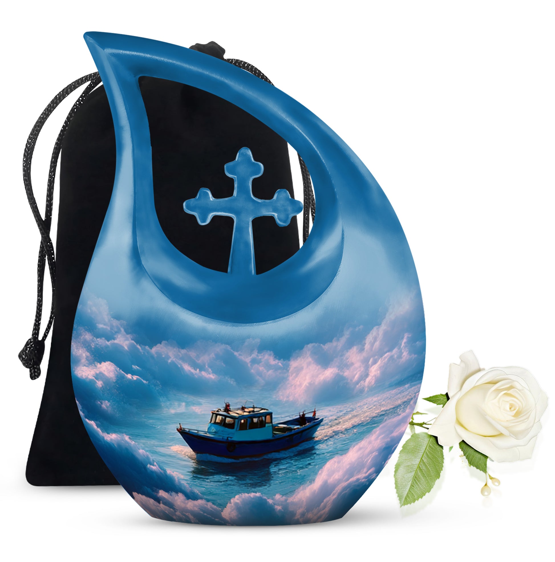 Indigo Boat Cremation Urn top-down view of secure threaded lid - sacred cross merged with boat motif on metal - full-size 10 inch 200 cubic inch adult cremation urn