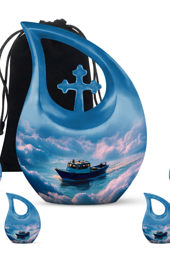 Steel Blue Boat Cremation Urn urn with complimentary velvet bag - faith-inspired cross-drop urn with boat pattern - memorial set with one large and four small urns