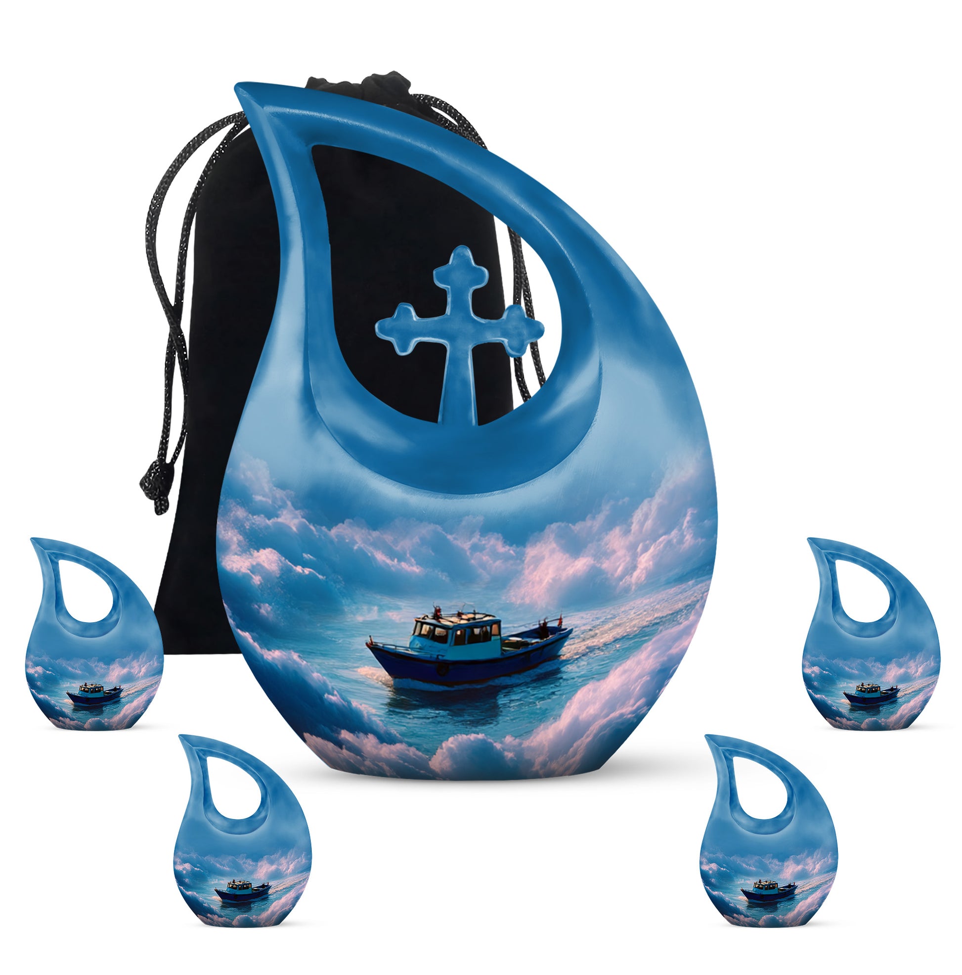 Steel Blue Boat Cremation Urn urn with complimentary velvet bag - faith-inspired cross-drop urn with boat pattern - memorial set with one large and four small urns