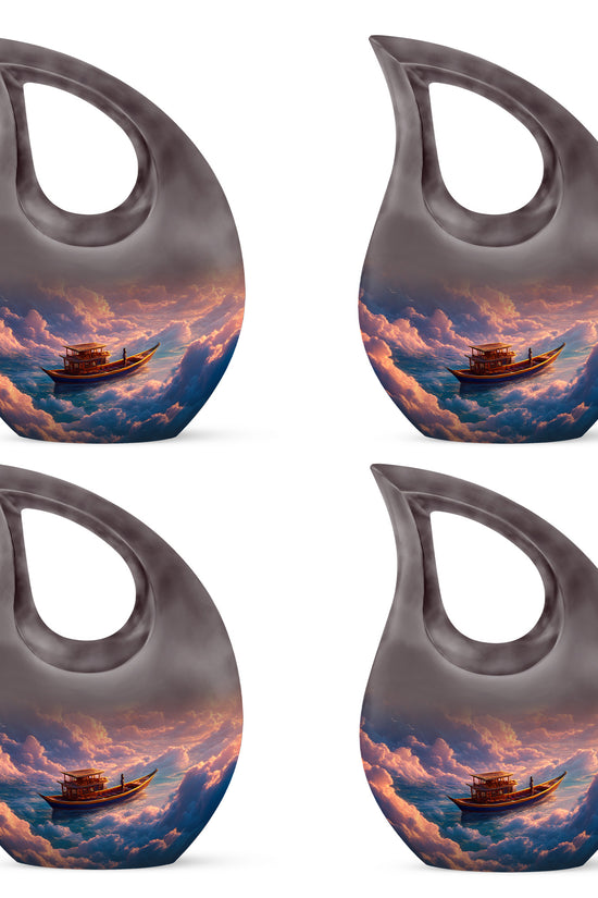 Cherry Red Boat Cremation Urn lifestyle display on memorial shelf - devotional cross-drop boat engraving - 10 inch aluminum urn for cremated remains