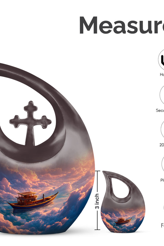 Rich Red Boat Cremation Urn back view with polished surface - devotional cross-drop boat engraving - mini keepsake memorial for portion of cremation ashes