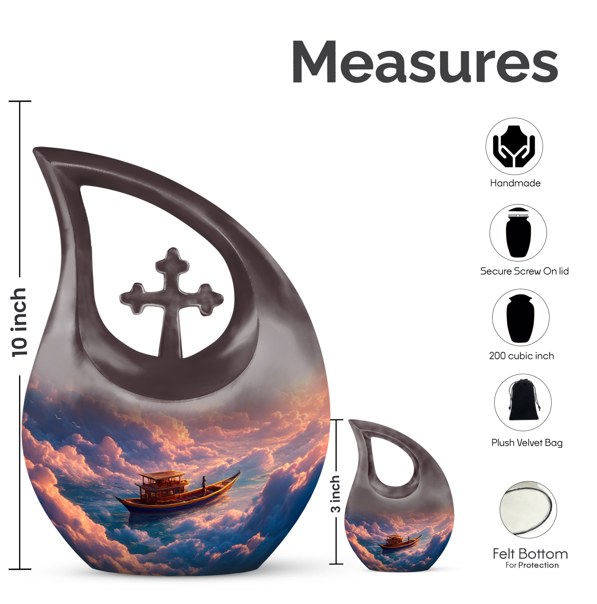 Rich Red Boat Cremation Urn back view with polished surface - devotional cross-drop boat engraving - mini keepsake memorial for portion of cremation ashes