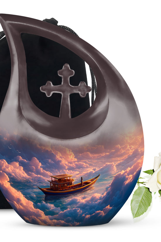 Scarlet Red Boat Cremation Urn top-down view of secure threaded lid - devotional cross-drop boat engraving - full-size 10 inch 200 cubic inch adult cremation urn