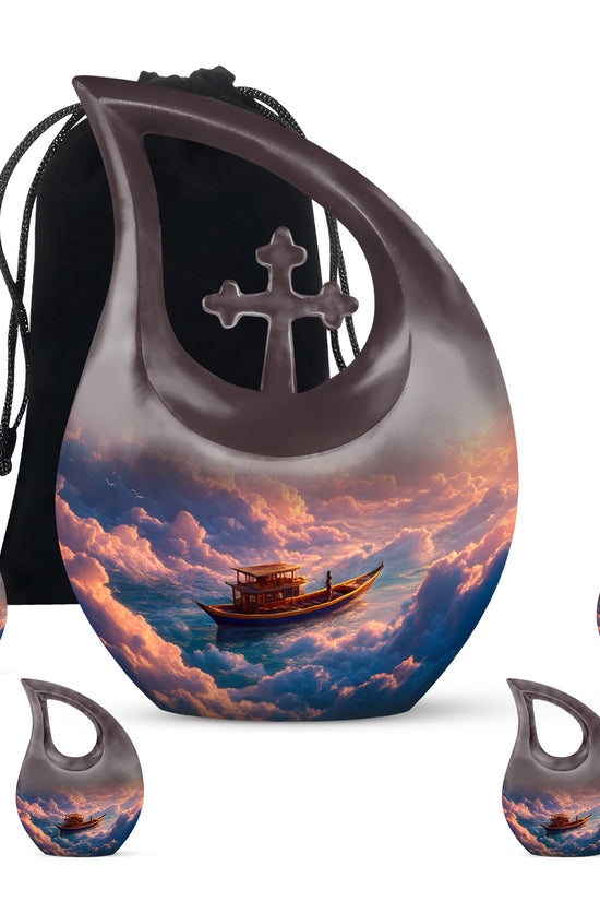 Scarlet Red Boat Cremation Urn urn with complimentary velvet bag - devotional cross-drop boat engraving - memorial set with one large and four small urns