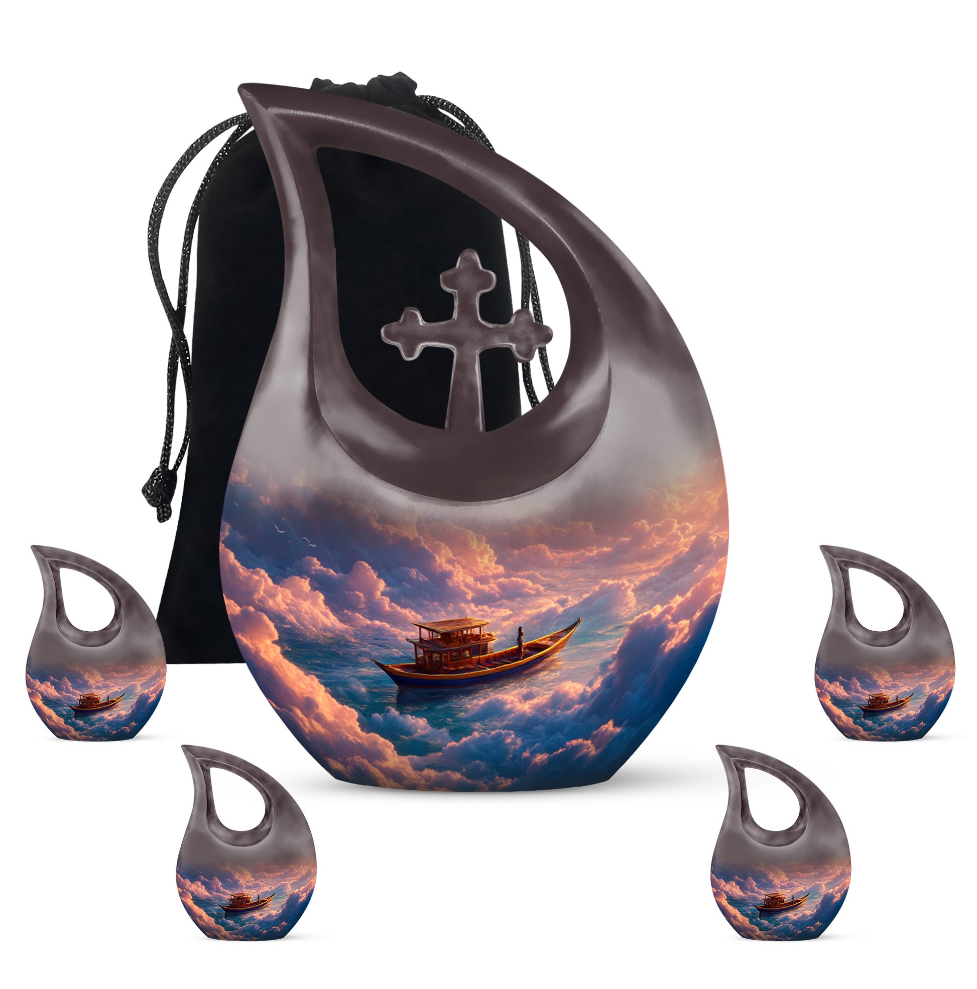 Scarlet Red Boat Cremation Urn urn with complimentary velvet bag - devotional cross-drop boat engraving - memorial set with one large and four small urns