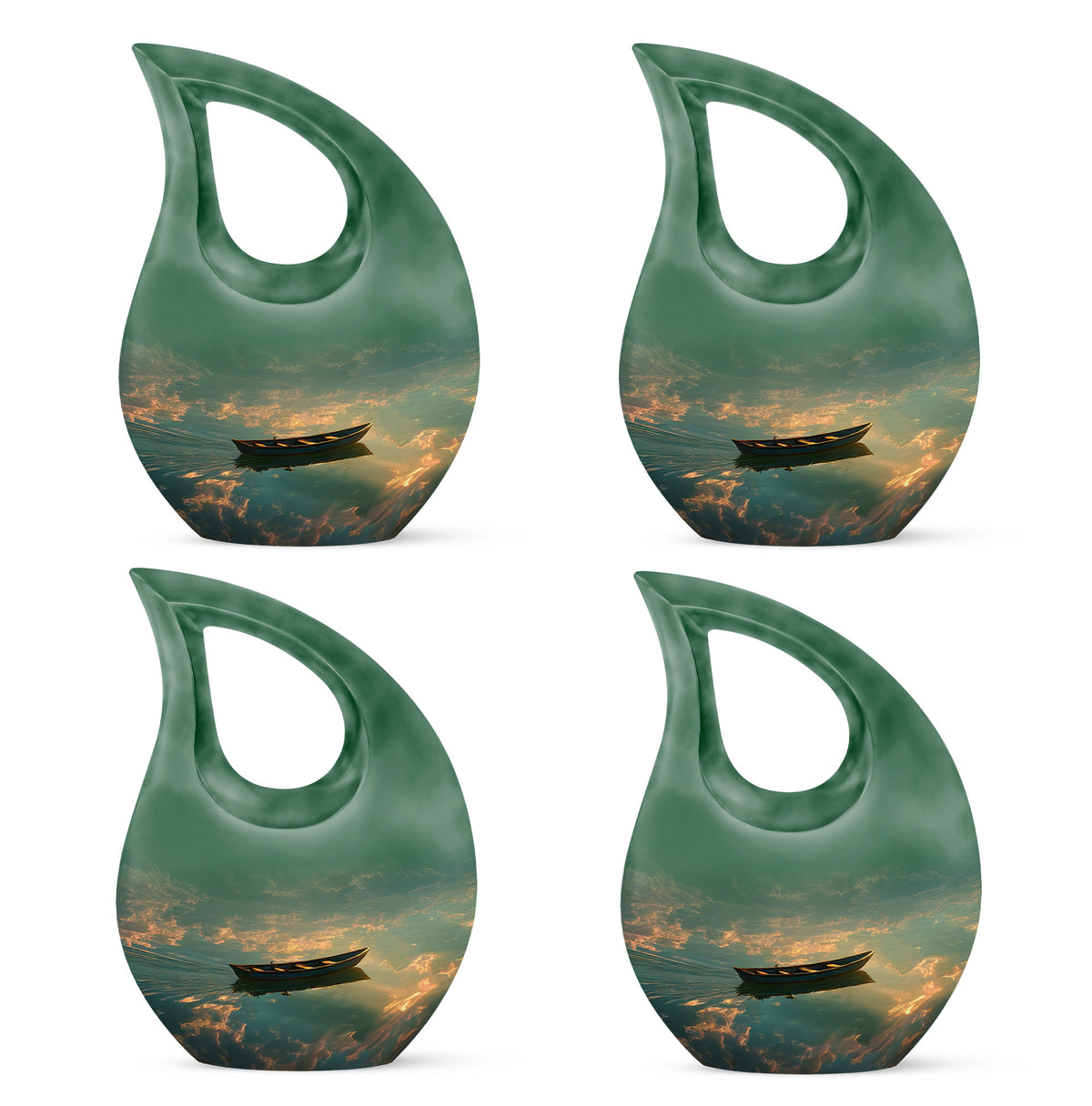 Deep Black Boat Cremation Urn lifestyle display on memorial shelf - cross and boat combined in spiritual memorial design - 10 inch aluminum urn for cremated remains