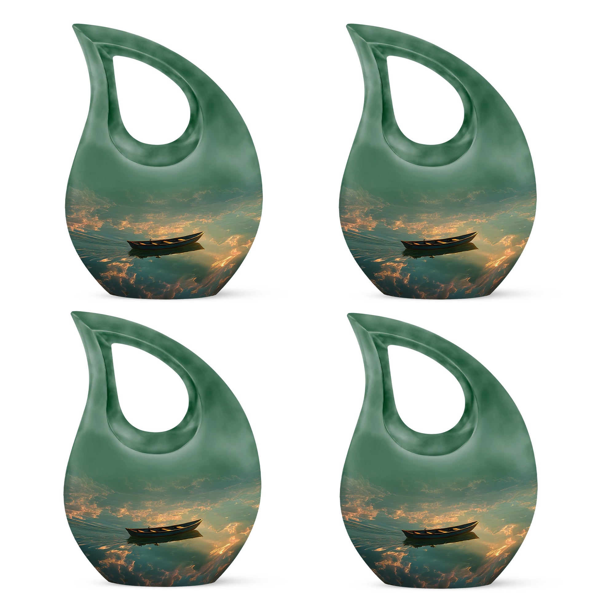 Deep Black Boat Cremation Urn lifestyle display on memorial shelf - cross and boat combined in spiritual memorial design - 10 inch aluminum urn for cremated remains