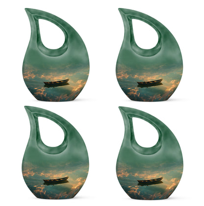 Deep Black Boat Cremation Urn lifestyle display on memorial shelf - cross and boat combined in spiritual memorial design - 10 inch aluminum urn for cremated remains