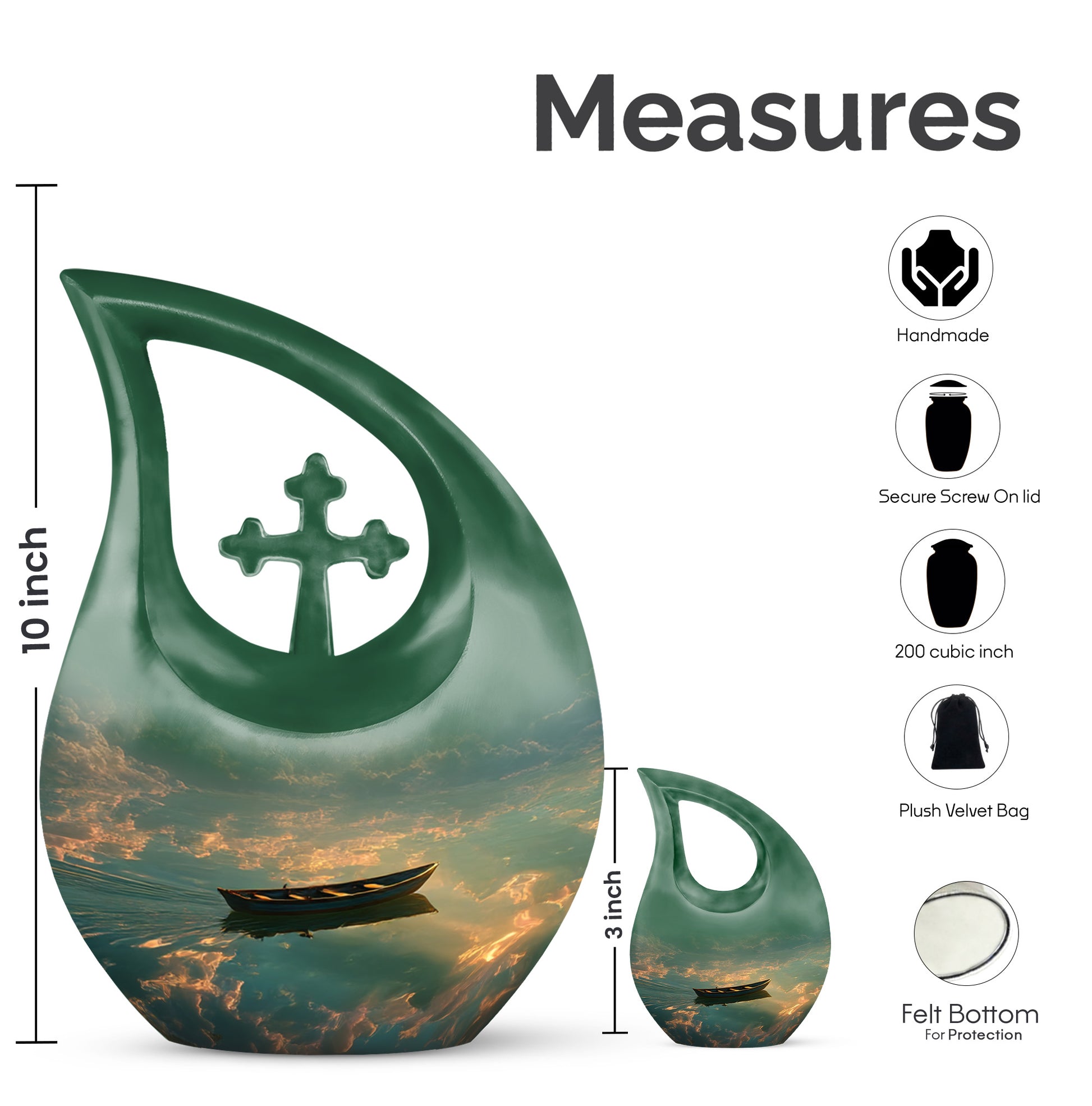 Jet Black Boat Cremation Urn back view with polished surface - cross and boat combined in spiritual memorial design - mini keepsake memorial for portion of cremation ashes