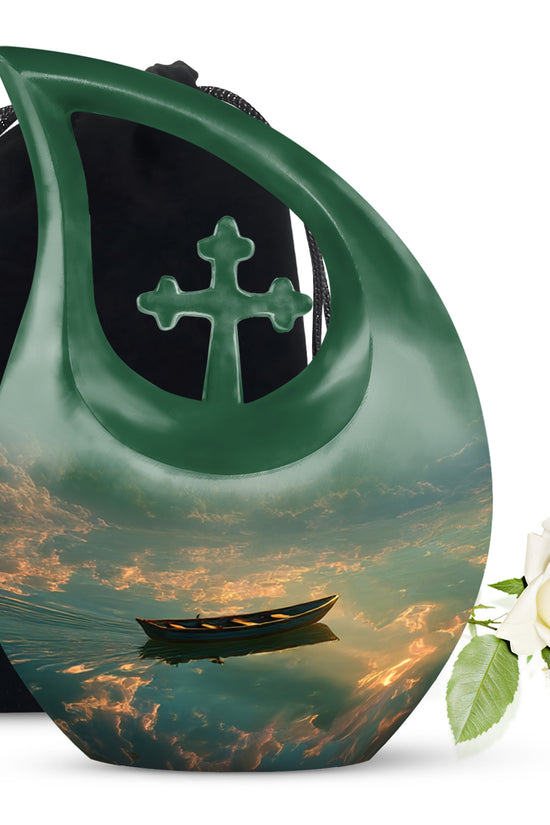 Jet Black Boat Cremation Urn top-down view of secure threaded lid - cross and boat combined in spiritual memorial design - full-size 10 inch 200 cubic inch adult cremation urn