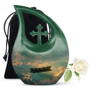 Jet Black Boat Cremation Urn top-down view of secure threaded lid - cross and boat combined in spiritual memorial design - full-size 10 inch 200 cubic inch adult cremation urn