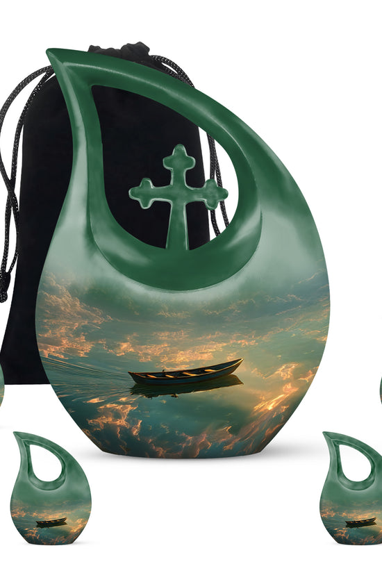 Jet Black Boat Cremation Urn urn with complimentary velvet bag - cross and boat combined in spiritual memorial design - memorial set with one large and four small urns