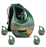 Jet Black Boat Cremation Urn urn with complimentary velvet bag - cross and boat combined in spiritual memorial design - memorial set with one large and four small urns