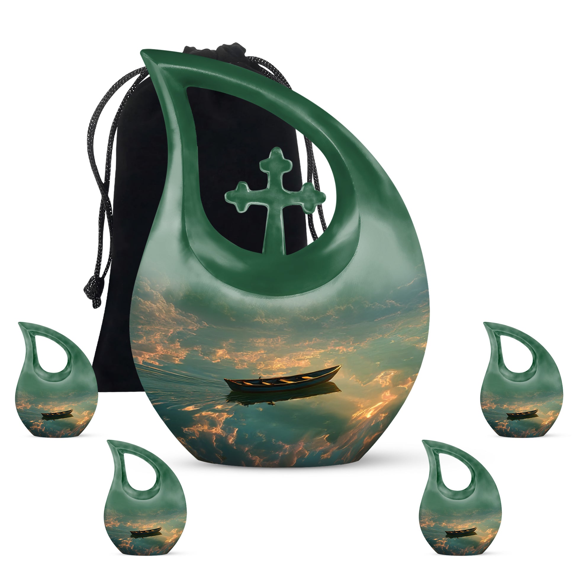 Jet Black Boat Cremation Urn urn with complimentary velvet bag - cross and boat combined in spiritual memorial design - memorial set with one large and four small urns