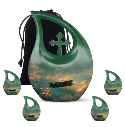 Jet Black Boat Cremation Urn urn with complimentary velvet bag - cross and boat combined in spiritual memorial design - memorial set with one large and four small urns