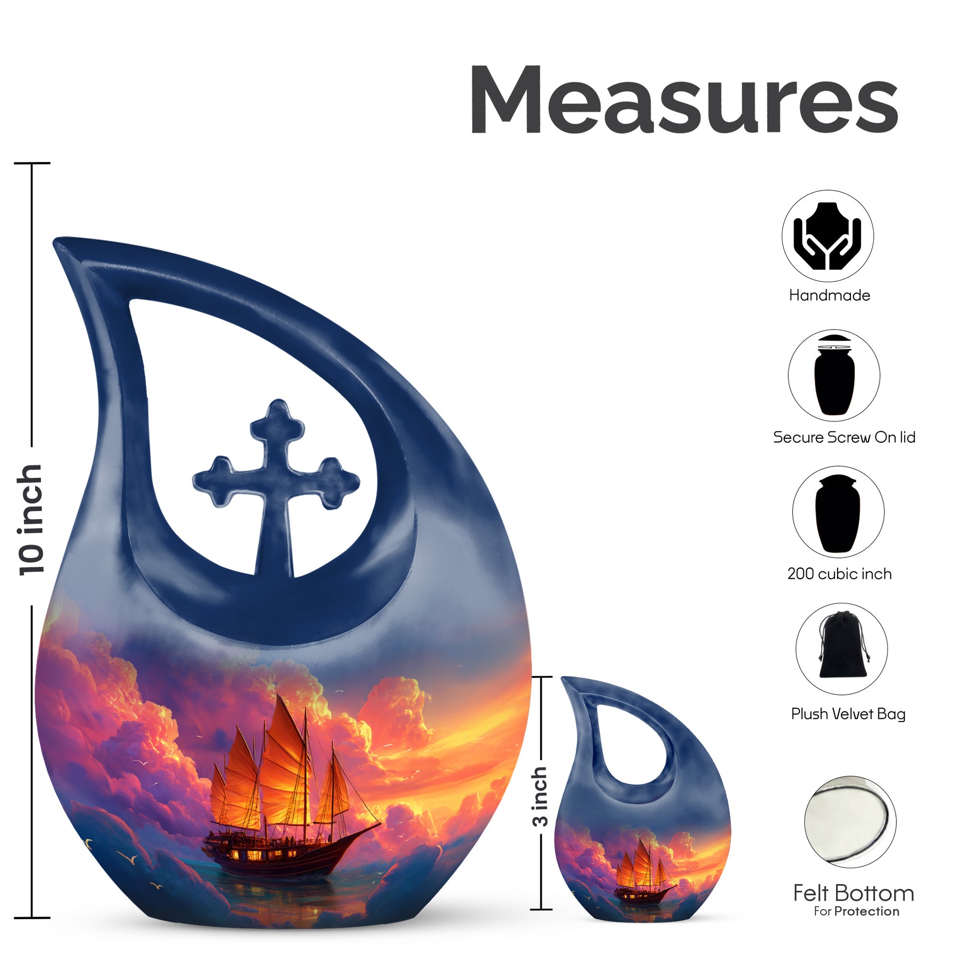 Vivid Blue Boat Cremation Urn back view with polished surface - devotional cross-drop boat engraving - mini keepsake memorial for portion of cremation ashes