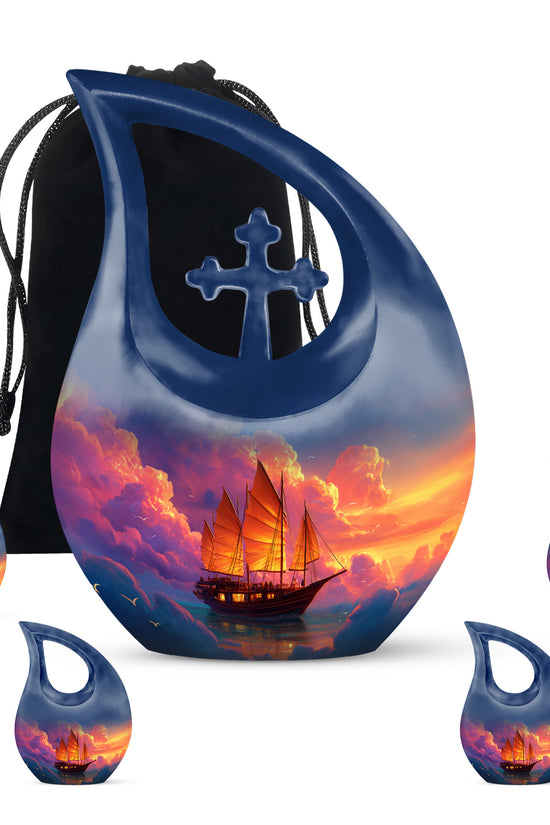 Powder Blue Boat Cremation Urn urn with complimentary velvet bag - cross and boat combined in spiritual memorial design - memorial set with one large and four small urns