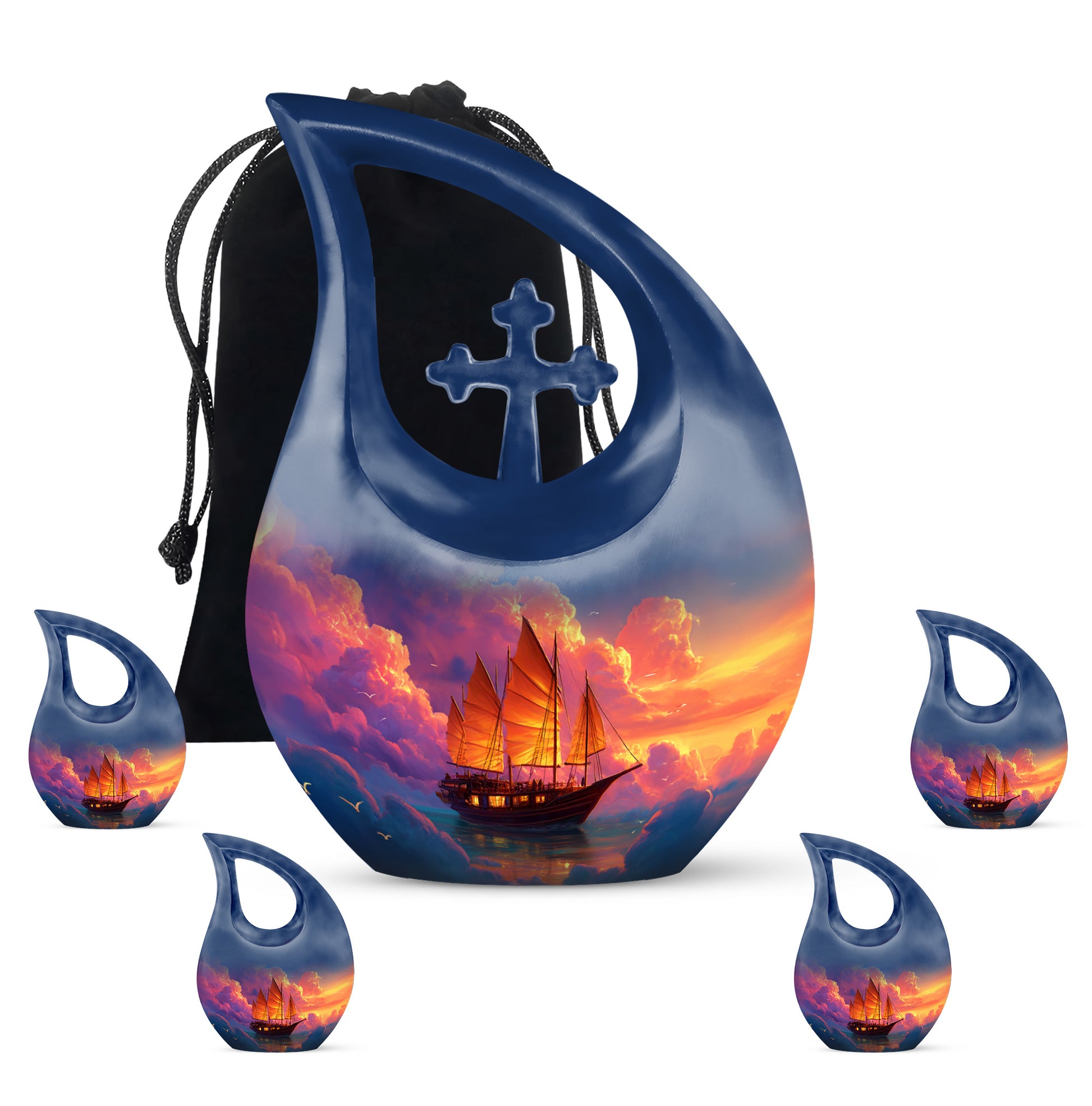 Powder Blue Boat Cremation Urn urn with complimentary velvet bag - cross and boat combined in spiritual memorial design - memorial set with one large and four small urns