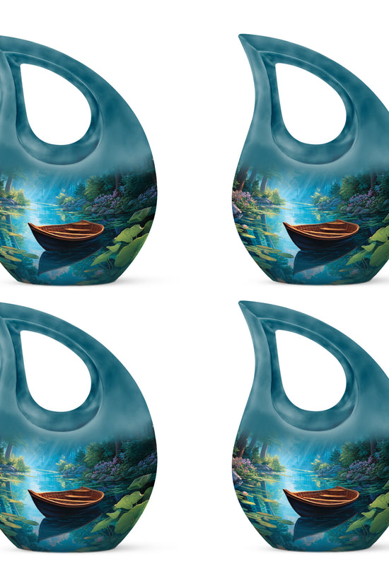 Cornflower Blue Boat Cremation Urn lifestyle display on memorial shelf - faith-inspired cross-drop urn with boat pattern - 10 inch aluminum urn for cremated remains