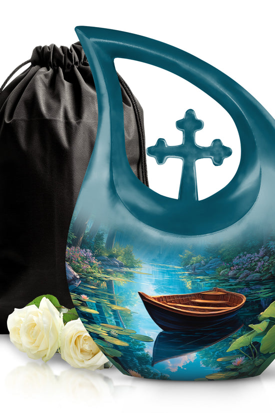 Steel Blue Boat Cremation Urn top-down view of secure threaded lid - faith-inspired cross-drop urn with boat pattern - full-size 10 inch 200 cubic inch adult cremation urn