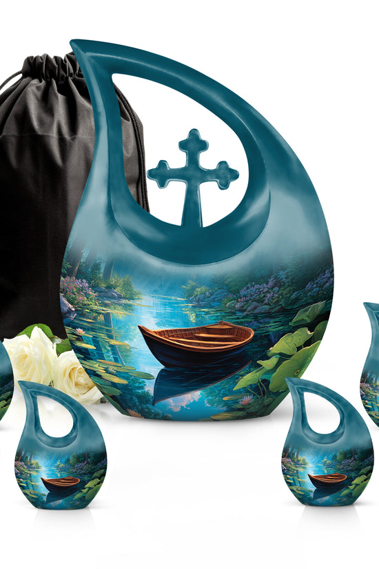 Indigo Boat Cremation Urn urn with complimentary velvet bag - cross and boat combined in spiritual memorial design - memorial set with one large and four small urns