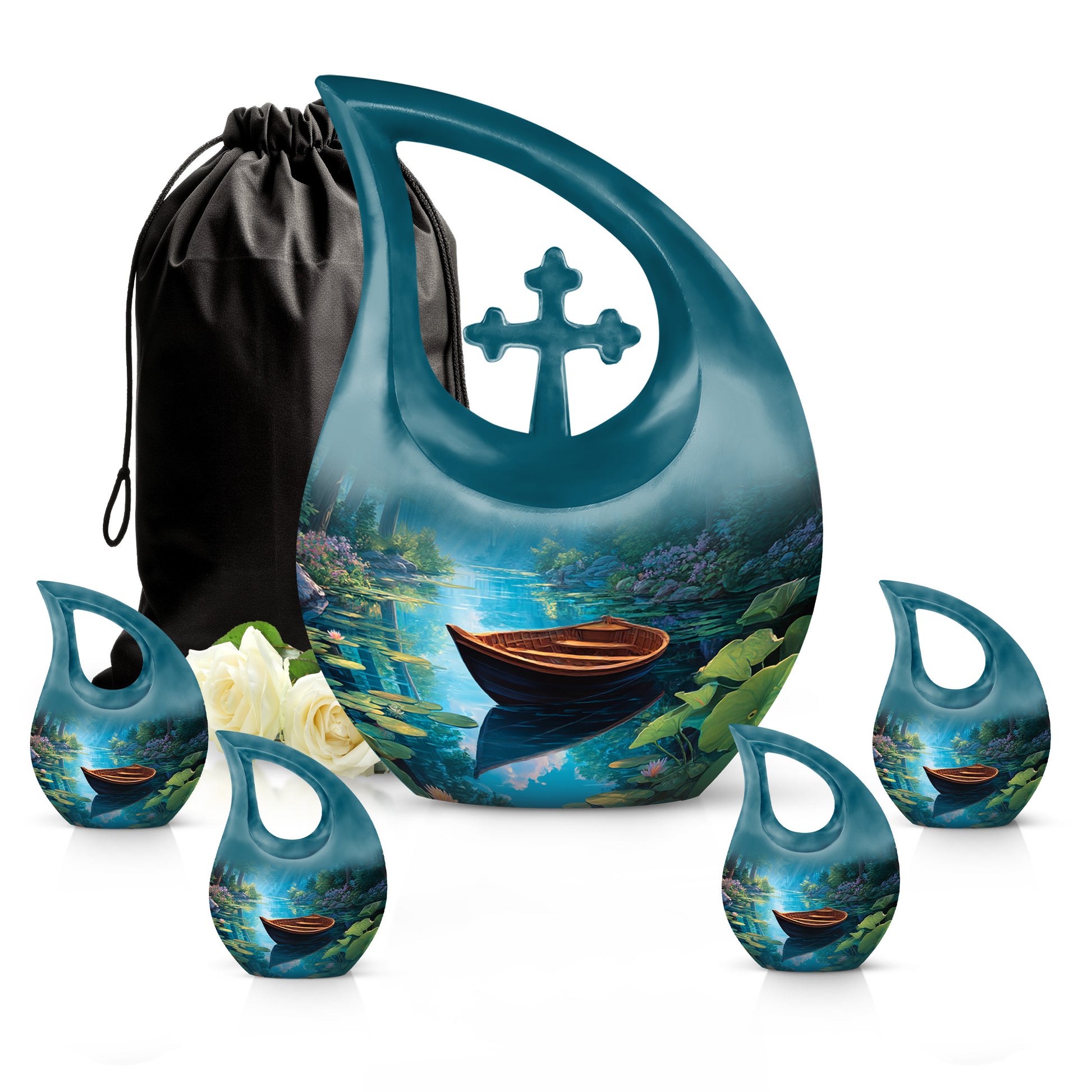 Indigo Boat Cremation Urn urn with complimentary velvet bag - cross and boat combined in spiritual memorial design - memorial set with one large and four small urns