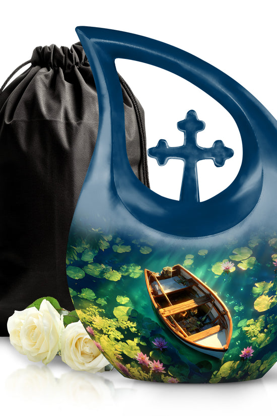 Twilight Blue Boat Cremation Urn top-down view of secure threaded lid - devotional cross-drop boat engraving - full-size 10 inch 200 cubic inch adult cremation urn