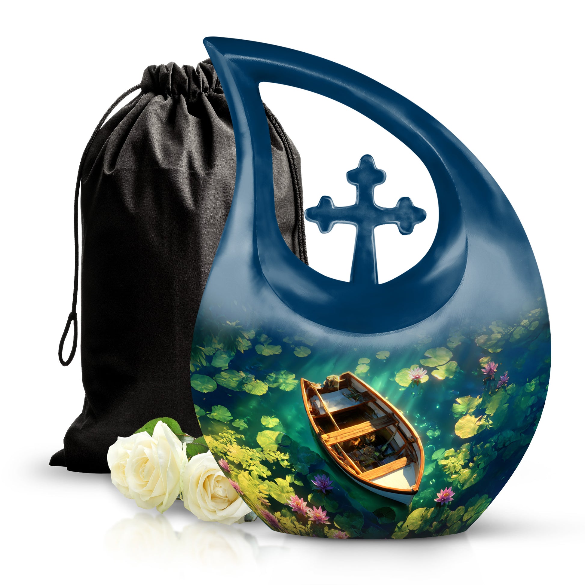 Twilight Blue Boat Cremation Urn top-down view of secure threaded lid - devotional cross-drop boat engraving - full-size 10 inch 200 cubic inch adult cremation urn