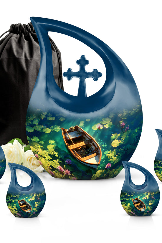 Calming Blue Boat Cremation Urn urn with complimentary velvet bag - faith-inspired cross-drop urn with boat pattern - memorial set with one large and four small urns