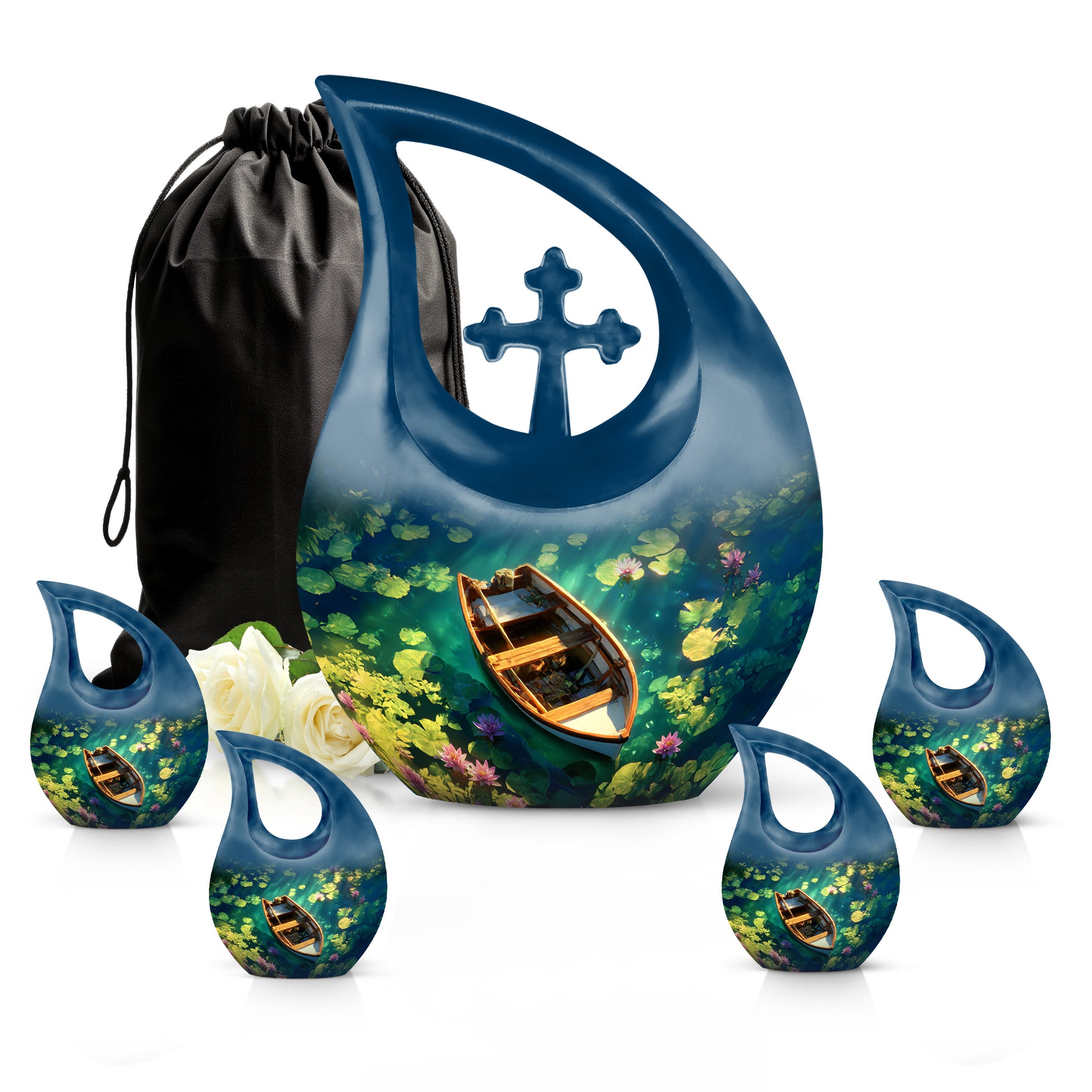 Calming Blue Boat Cremation Urn urn with complimentary velvet bag - faith-inspired cross-drop urn with boat pattern - memorial set with one large and four small urns