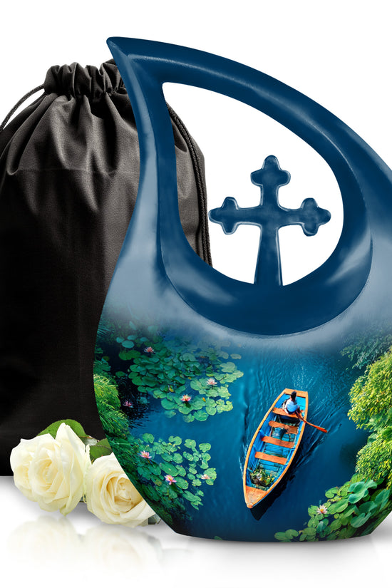 Sea Green Teal Boat Cremation Urn top-down view of secure threaded lid - cross and boat combined in spiritual memorial design - full-size 10 inch 200 cubic inch adult cremation urn