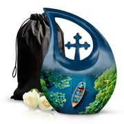 Sea Green Teal Boat Cremation Urn top-down view of secure threaded lid - cross and boat combined in spiritual memorial design - full-size 10 inch 200 cubic inch adult cremation urn