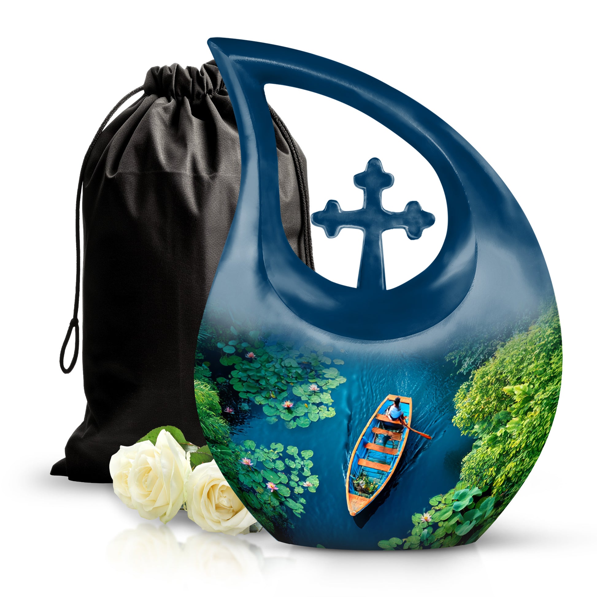 Sea Green Teal Boat Cremation Urn top-down view of secure threaded lid - cross and boat combined in spiritual memorial design - full-size 10 inch 200 cubic inch adult cremation urn