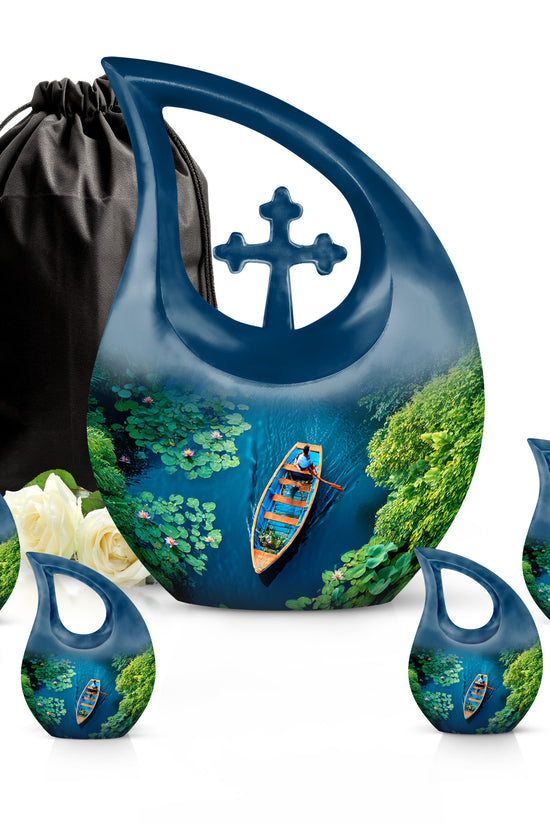 Aqua Teal Boat Cremation Urn urn with complimentary velvet bag - faith-inspired cross-drop urn with boat pattern - memorial set with one large and four small urns