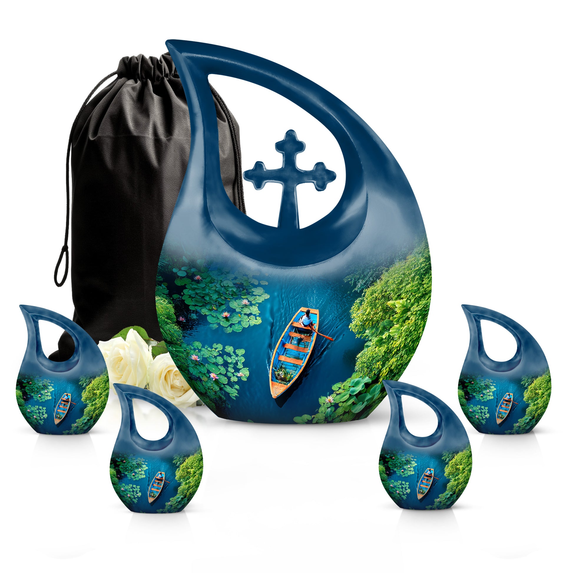 Aqua Teal Boat Cremation Urn urn with complimentary velvet bag - faith-inspired cross-drop urn with boat pattern - memorial set with one large and four small urns